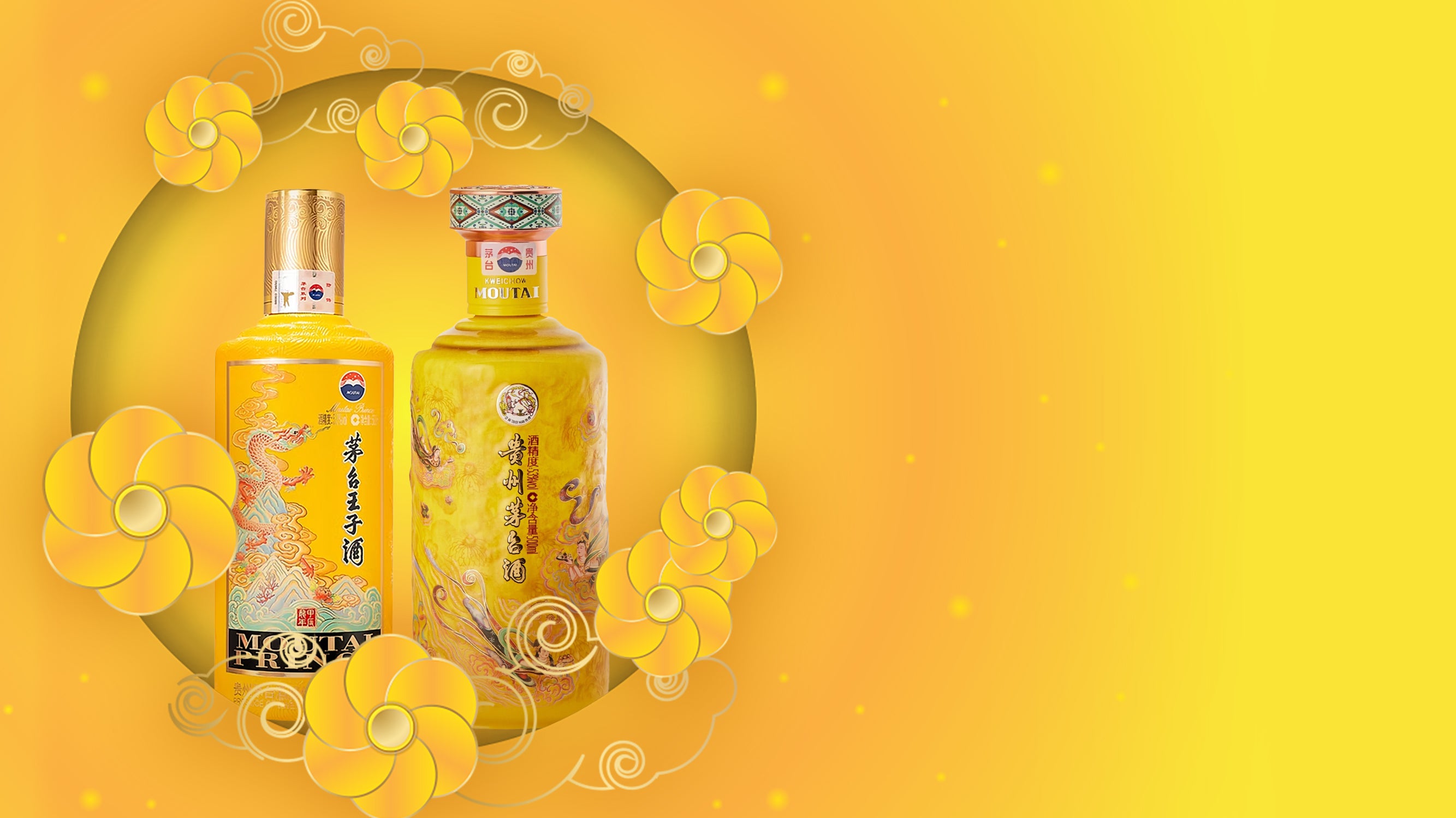 Two bottles with decorative elements on a yellow background