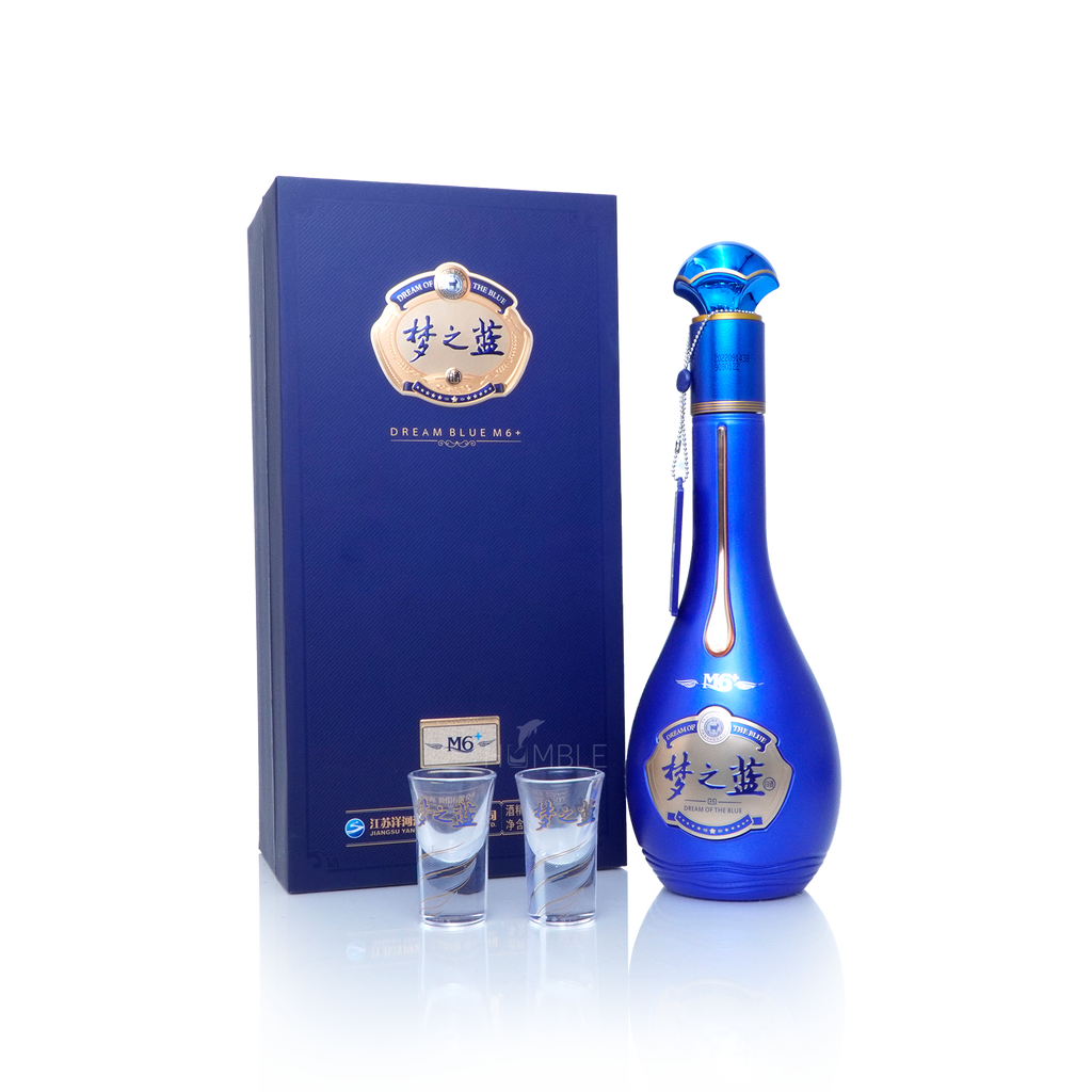 Blue bottle and box of Yang He Meng Zhi Lan Dream Blue M6+ Chinese Baijiu with two clear shot glasses