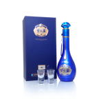 Blue bottle and box of Yang He Meng Zhi Lan Dream Blue M6+ Chinese Baijiu with two clear shot glasses