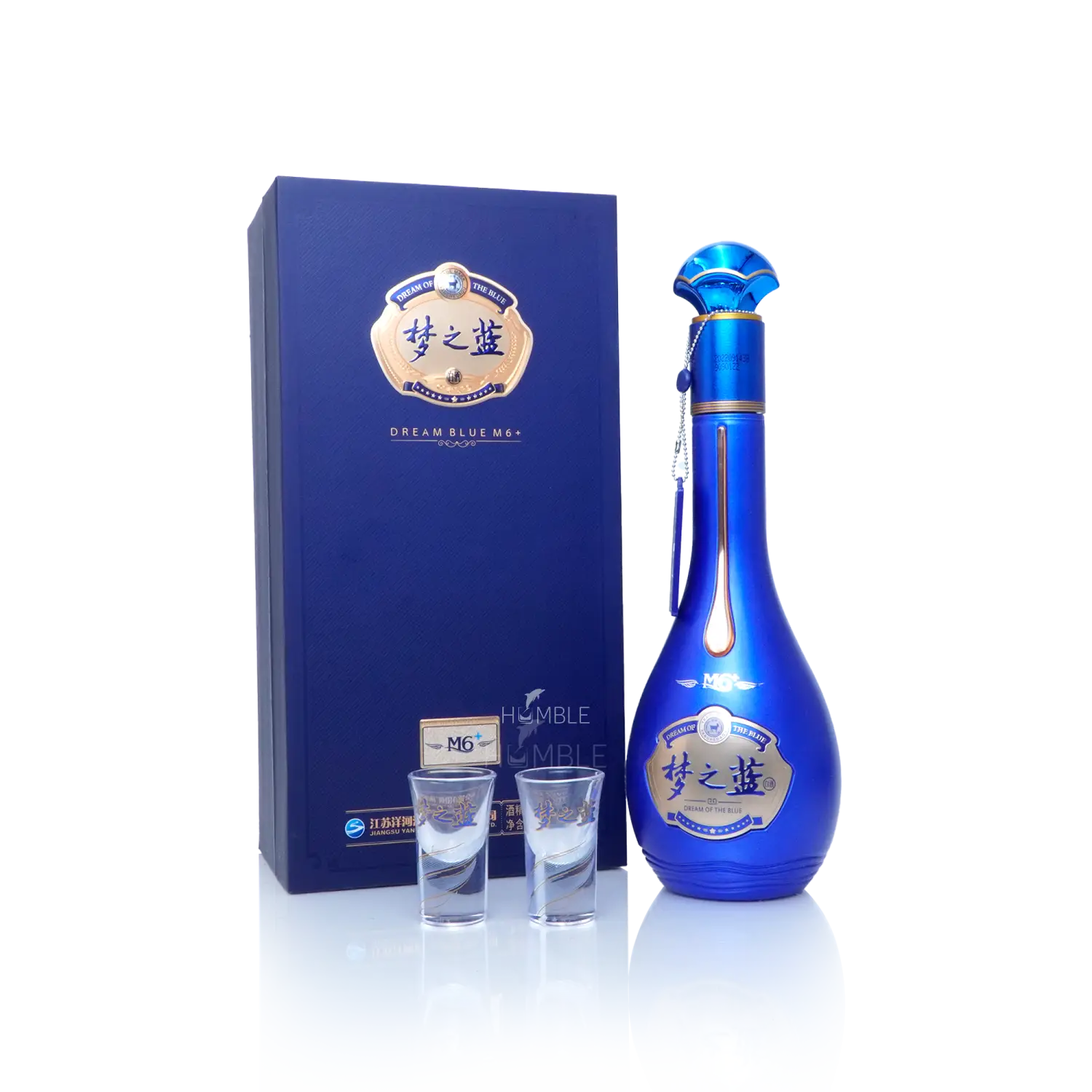 Blue bottle and box of Yang He Meng Zhi Lan Dream Blue M6+ Chinese Baijiu with two clear shot glasses
